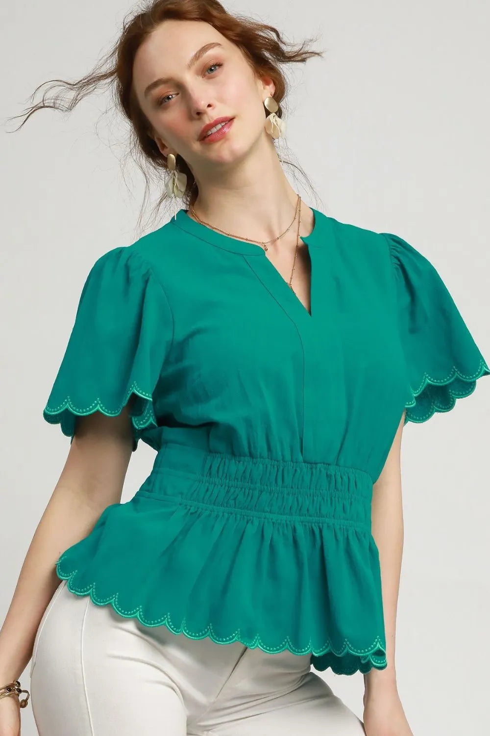 Umgee Scalloped Edge Flutter Sleeve Blouse Turquoise OutfitFlow