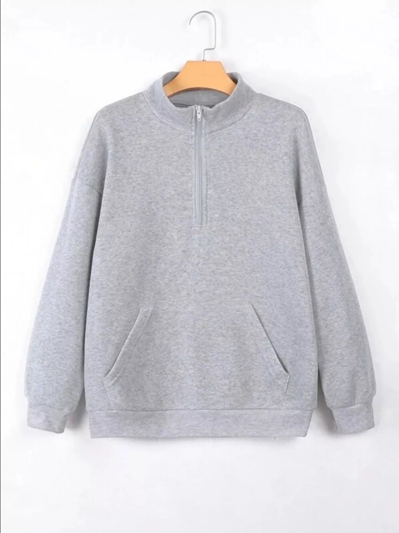 Zip-Up Collar Sweatshirt with Pocket Light Gray OutfitFlow