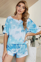 Outfit Flow - Shiny Tie-Dye Boat Neck Top and Shorts Lounge Set