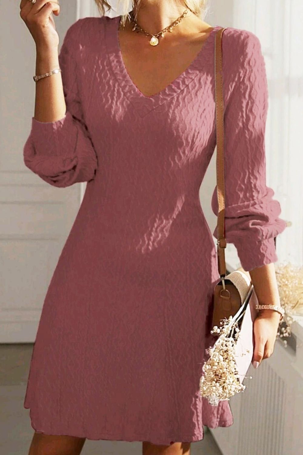 Outfit Flow - Texture V-Neck Long Sleeve Dress