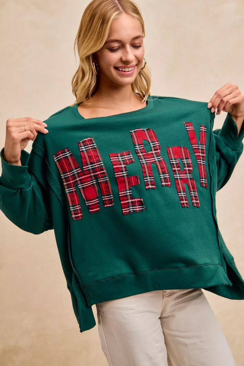BiBi Christmas Plaid Merry Lettering Fleece Sweatshirt OutfitFlow