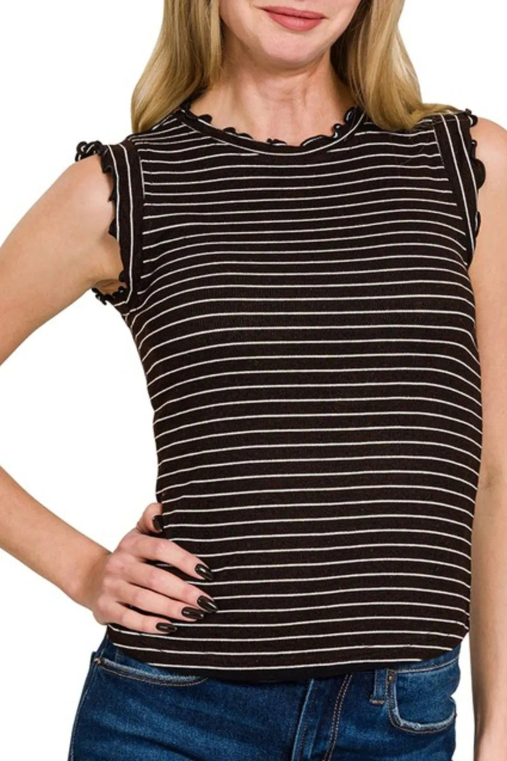 Zenana Ribbed Ruffle Trim Sleeveless Stripe Top OutfitFlow