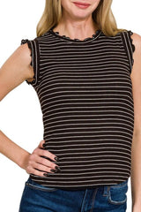 Zenana Ribbed Ruffle Trim Sleeveless Stripe Top OutfitFlow