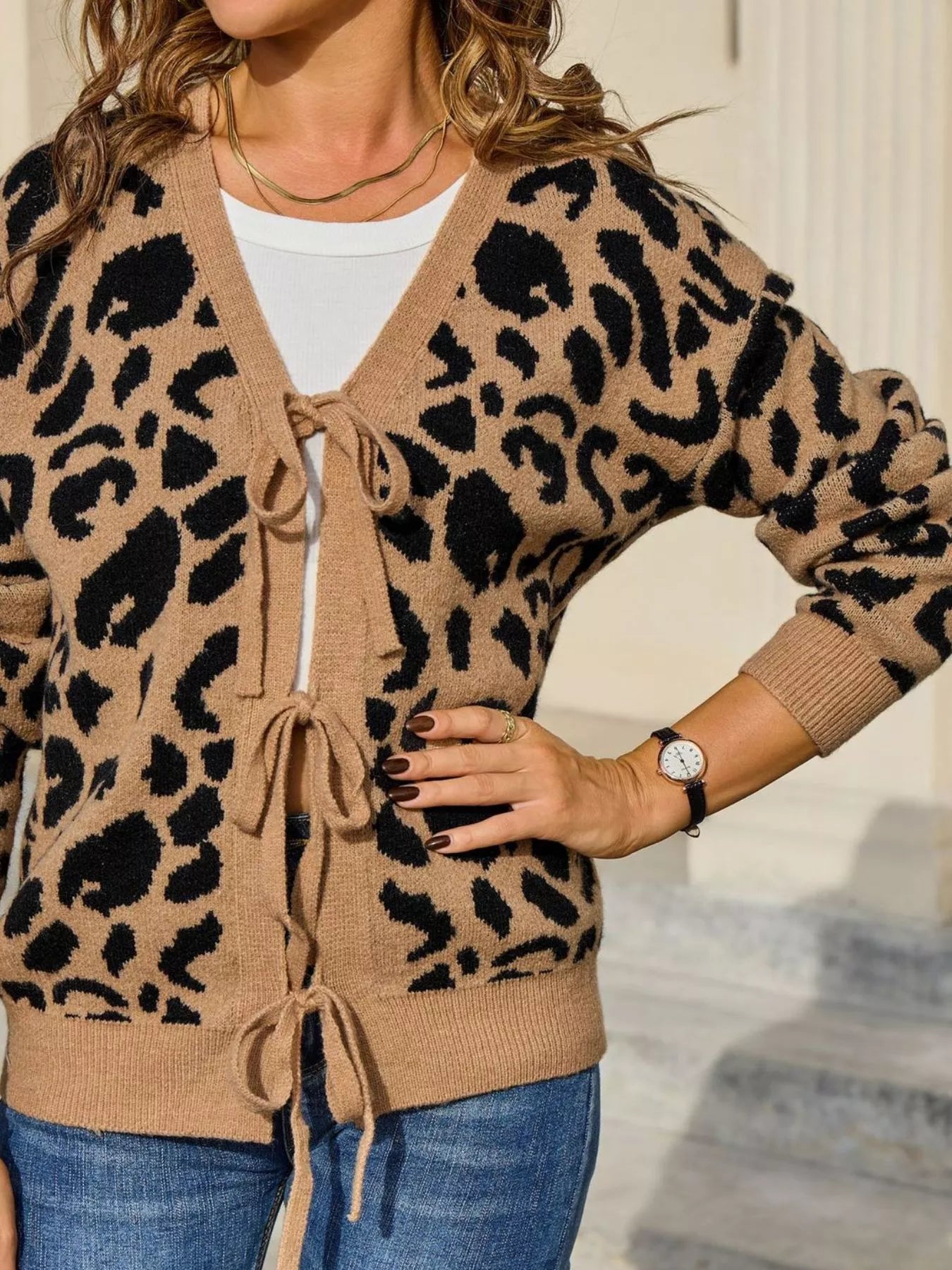Leopard Tie-Front Cardigan Trendsi