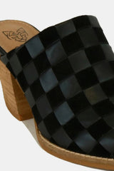 Beast Fashion Woven Checkerboard Block Heel Mule Shoes OutfitFlow