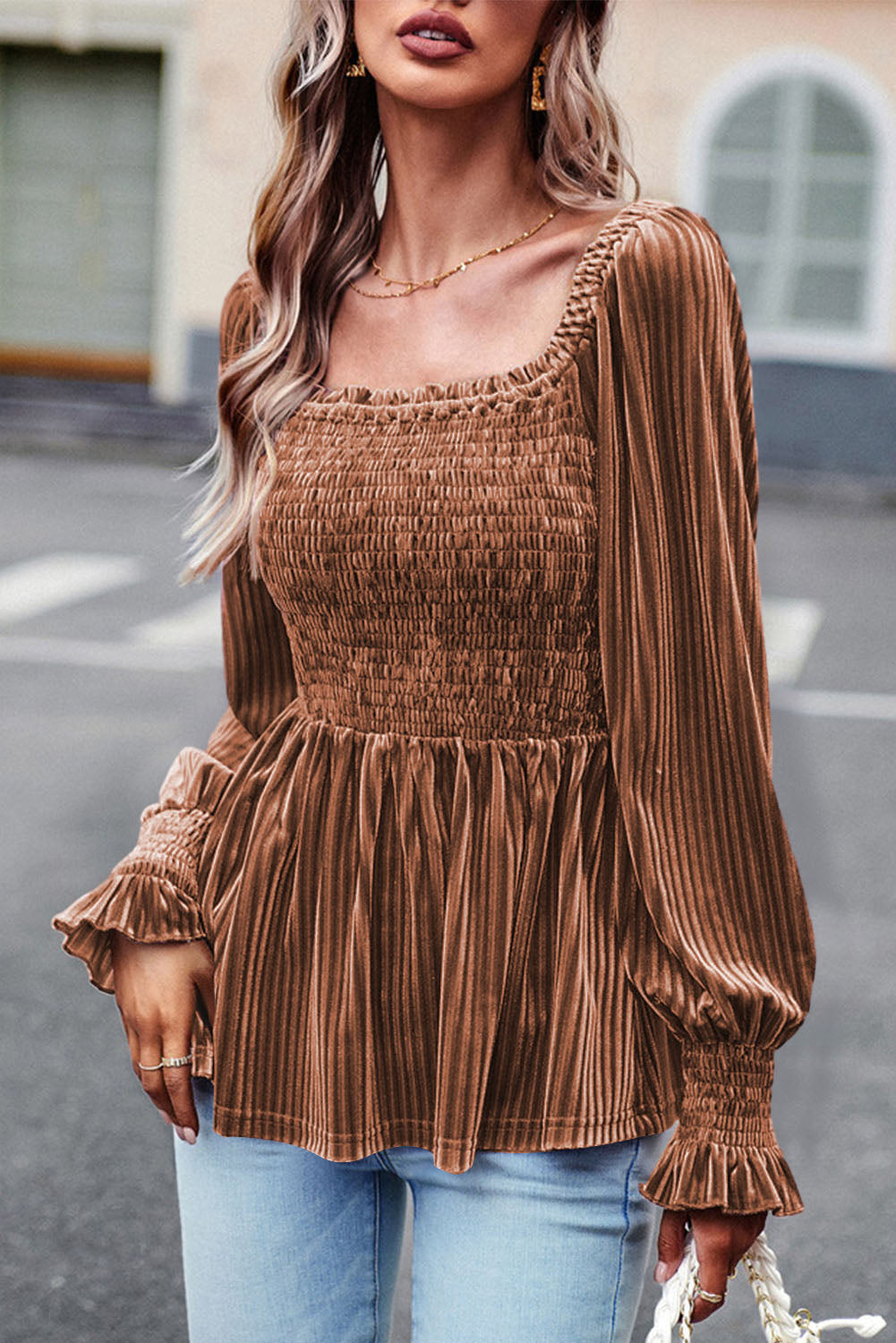 Outfit Flow - Smocked Ribbed Velvet Babydoll Top