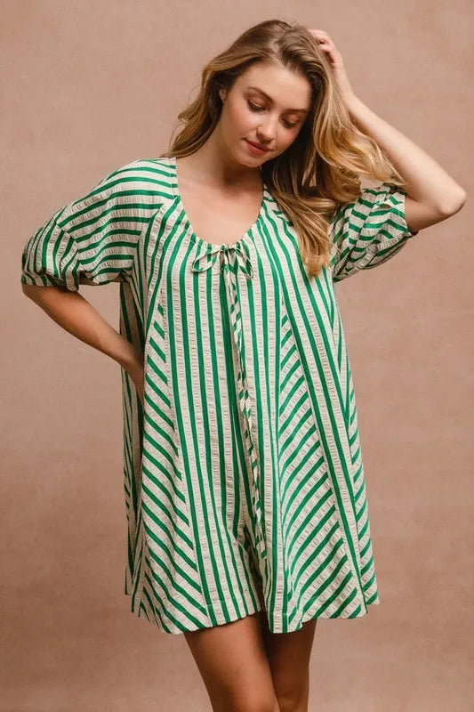 BiBi Puffy Sleeves Romper with Back Button Closure OutfitFlow