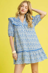 Umgee Ruffled Printed Puff Sleeve Mini Dress Blue OutfitFlow