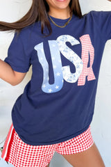 USA Letter Round Neck T-Shirt OutfitFlow