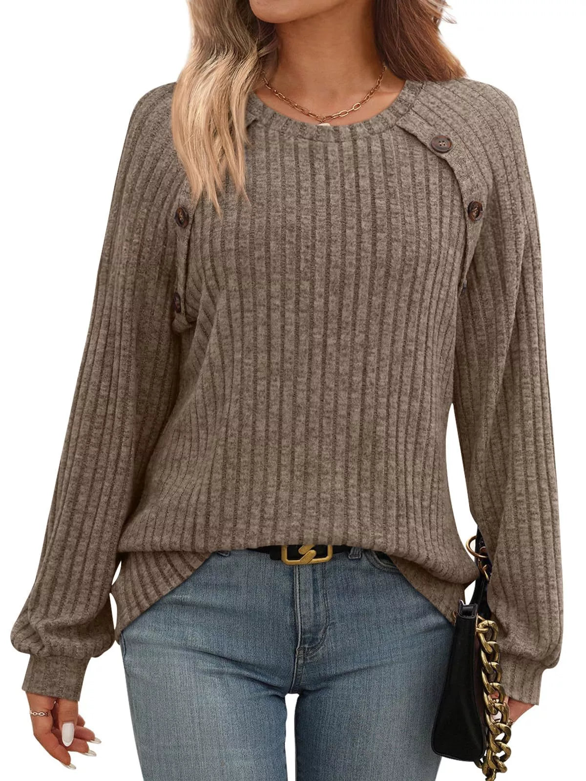 Ribbed Knit Decor Button Long Sleeve T-Shirt Brown OutfitFlow