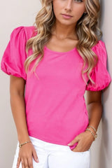 Casual Round Neck Bubble Sleeve T-Shirt Hot Pink OutfitFlow