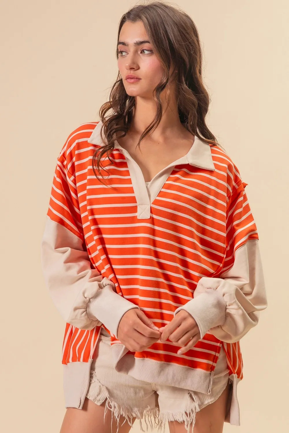 BiBi Stripe Knit Loose Fit Top With Cut Edge Detail OutfitFlow