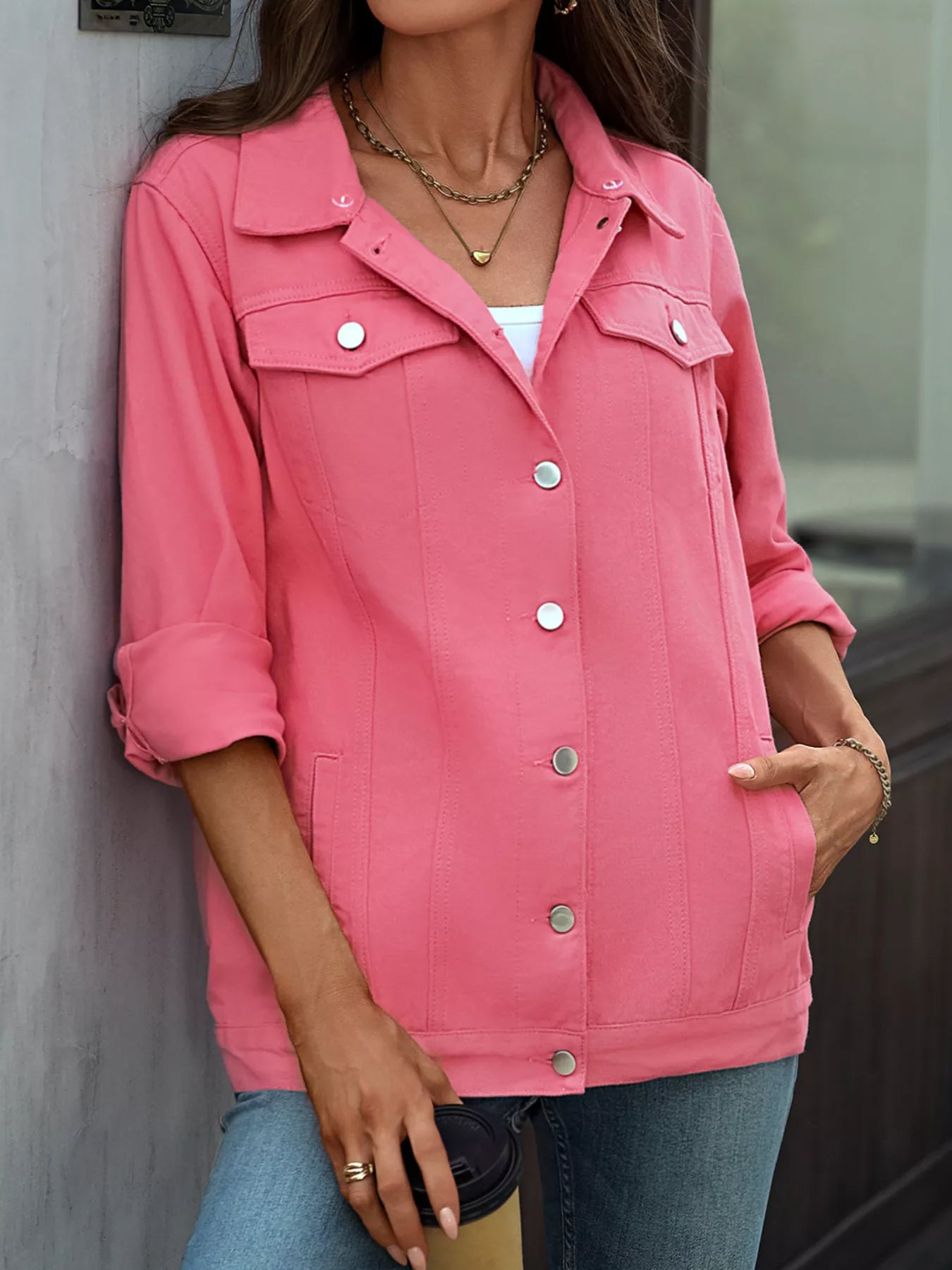 Button Up Long Sleeve Denim Jacket OutfitFlow