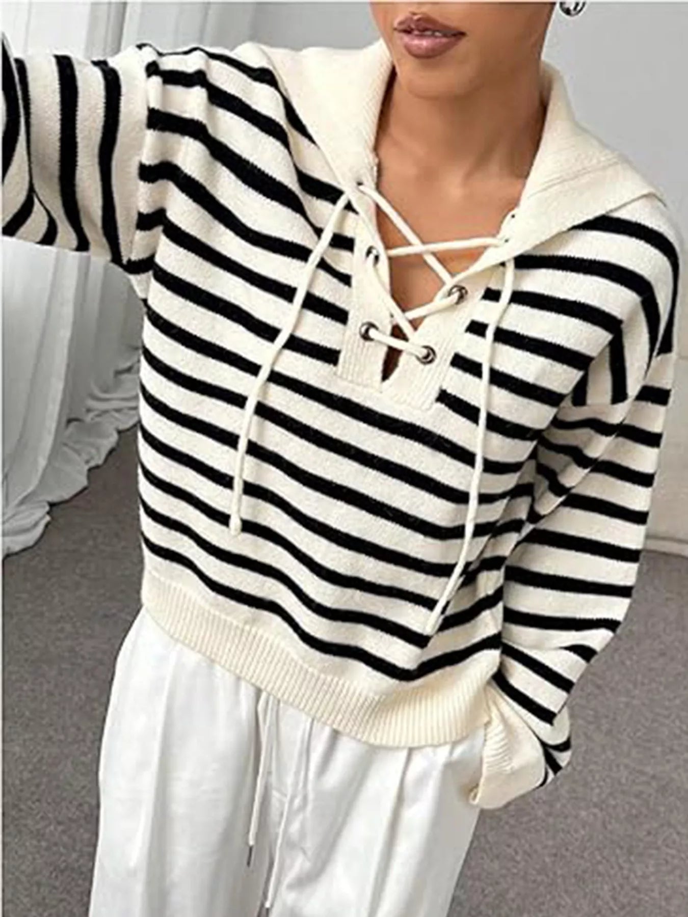 Striped Lace-Up Long Sleeve Sweater OutfitFlow