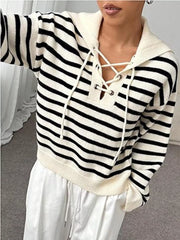 Striped Lace-Up Long Sleeve Sweater OutfitFlow