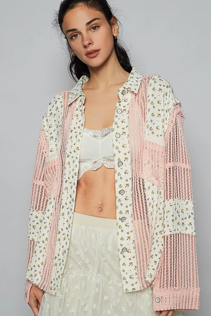 POL Floral Crochet Patchwork Long Sleeve Shirt OutfitFlow