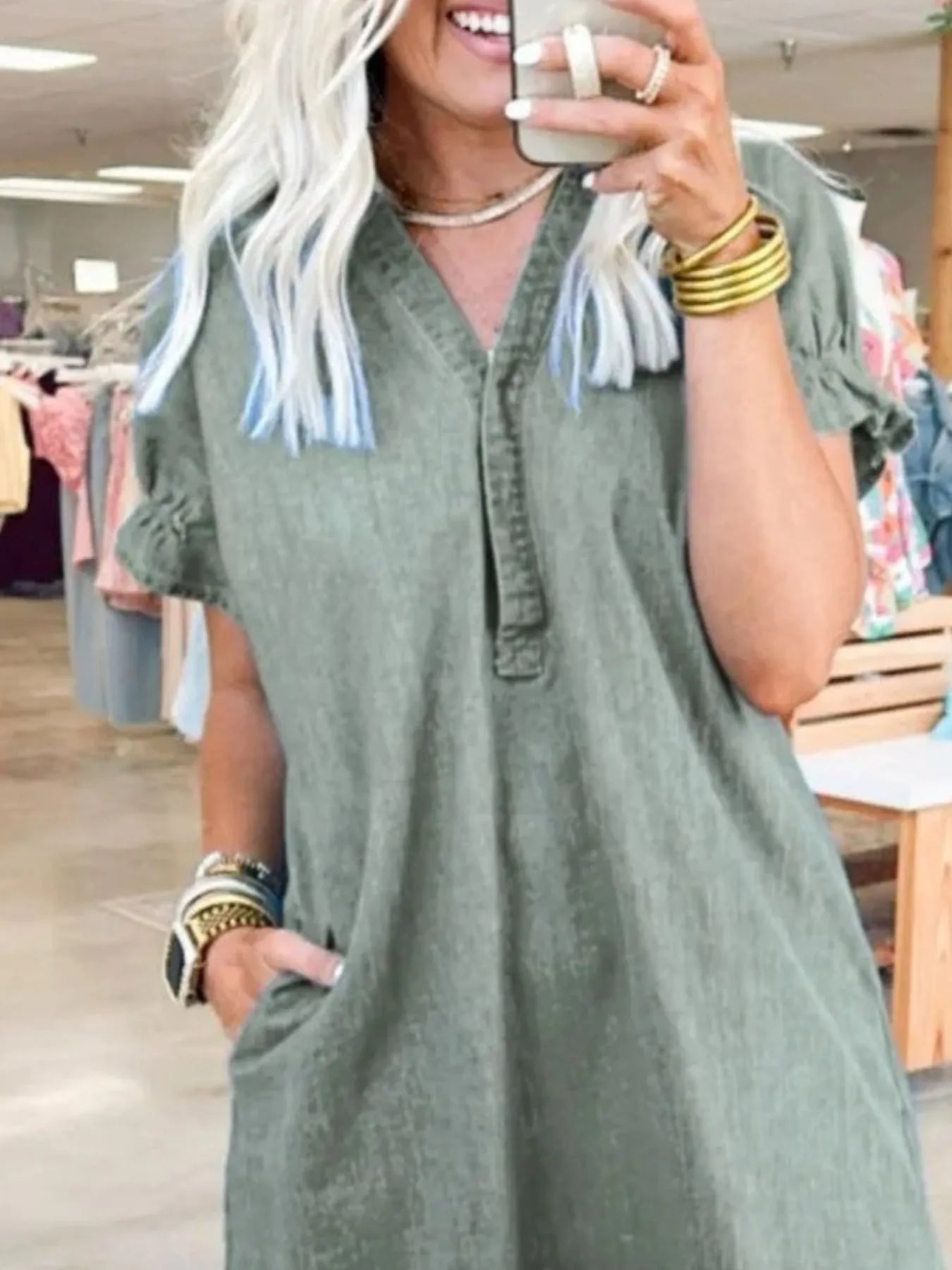 Full Size V-Neck Short Sleeve Denim Dress Plus Size OutfitFlow