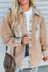 Outfit Flow - Pocketed Plaid Collared Neck Sherpa Jacket