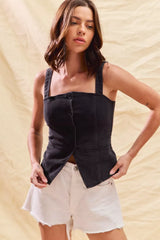 SO ME Button Down Sleeveless Game Day Fitted Denim Top Trendsi