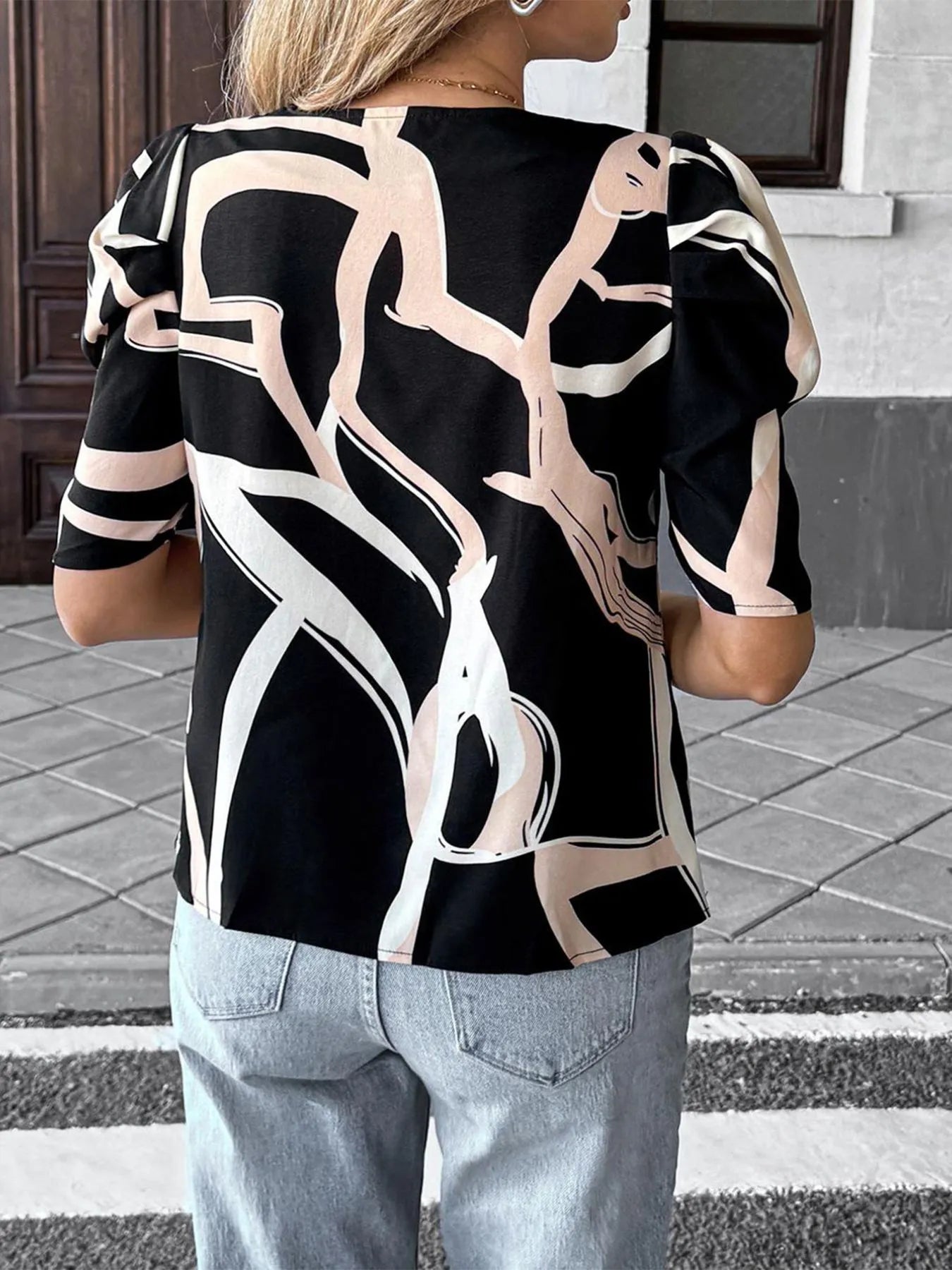 Abstract Print Puff Sleeve Notched Blouse OutfitFlow