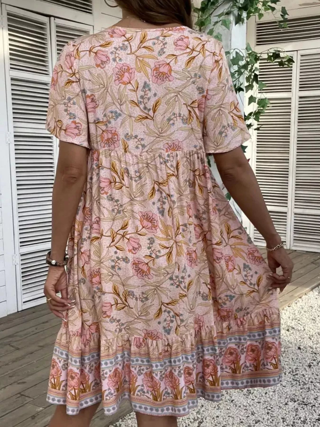 Printed Tie Neck Short Sleeve Mini Dress OutfitFlow