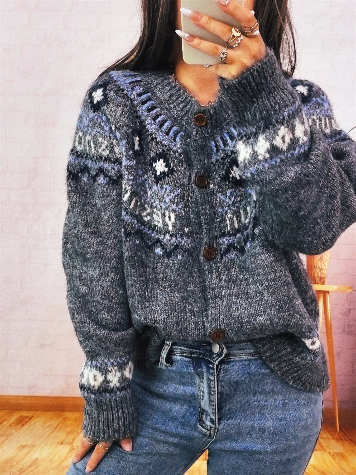 Geometric Pattern Button Up Long Sleeve Cardigan OutfitFlow