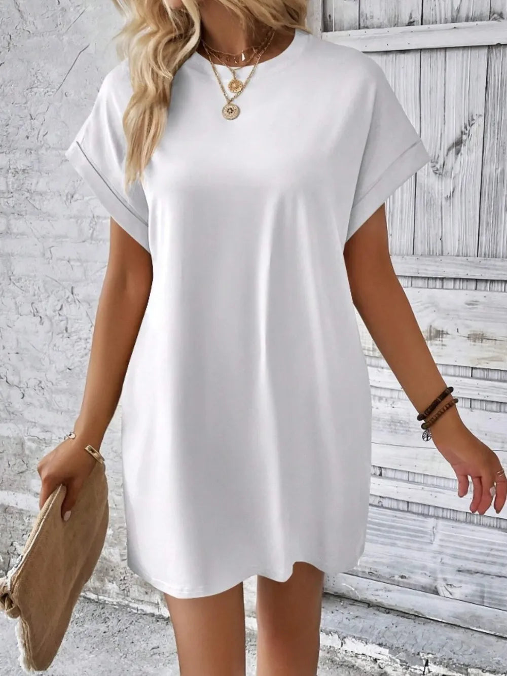 Pocketed Round Neck Short Sleeve Dress OutfitFlow