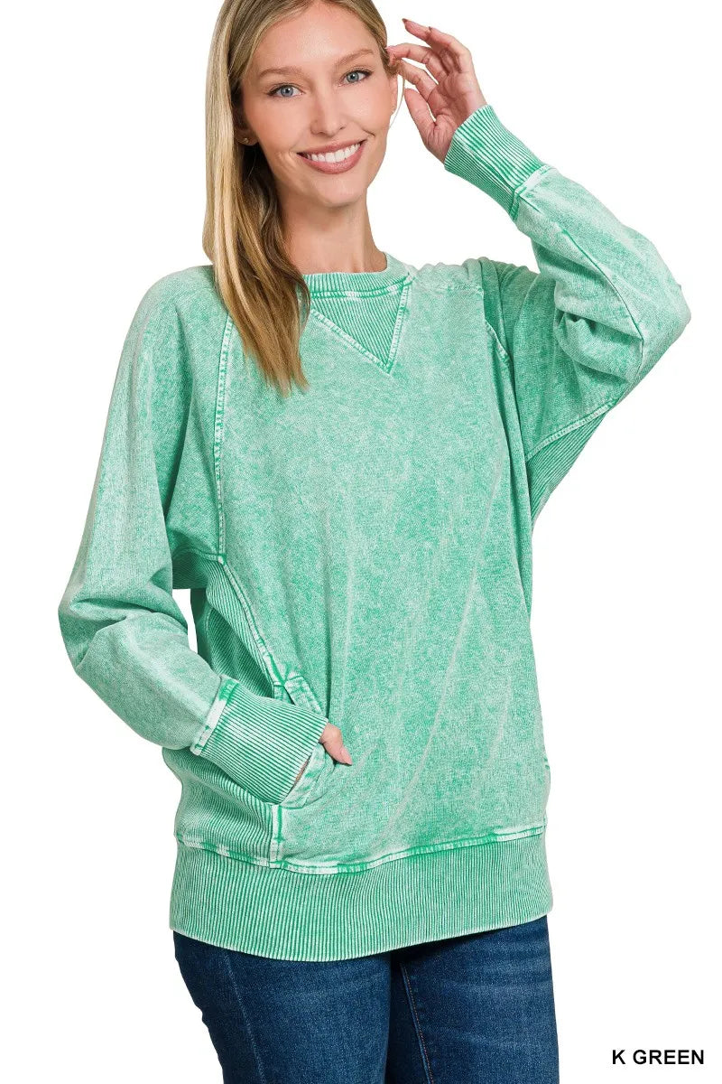 Zenana Halo Snow Washed French Terry Round Neck Sweatshirt K GREEN Trendsi