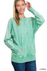 Zenana Halo Snow Washed French Terry Round Neck Sweatshirt K GREEN Trendsi