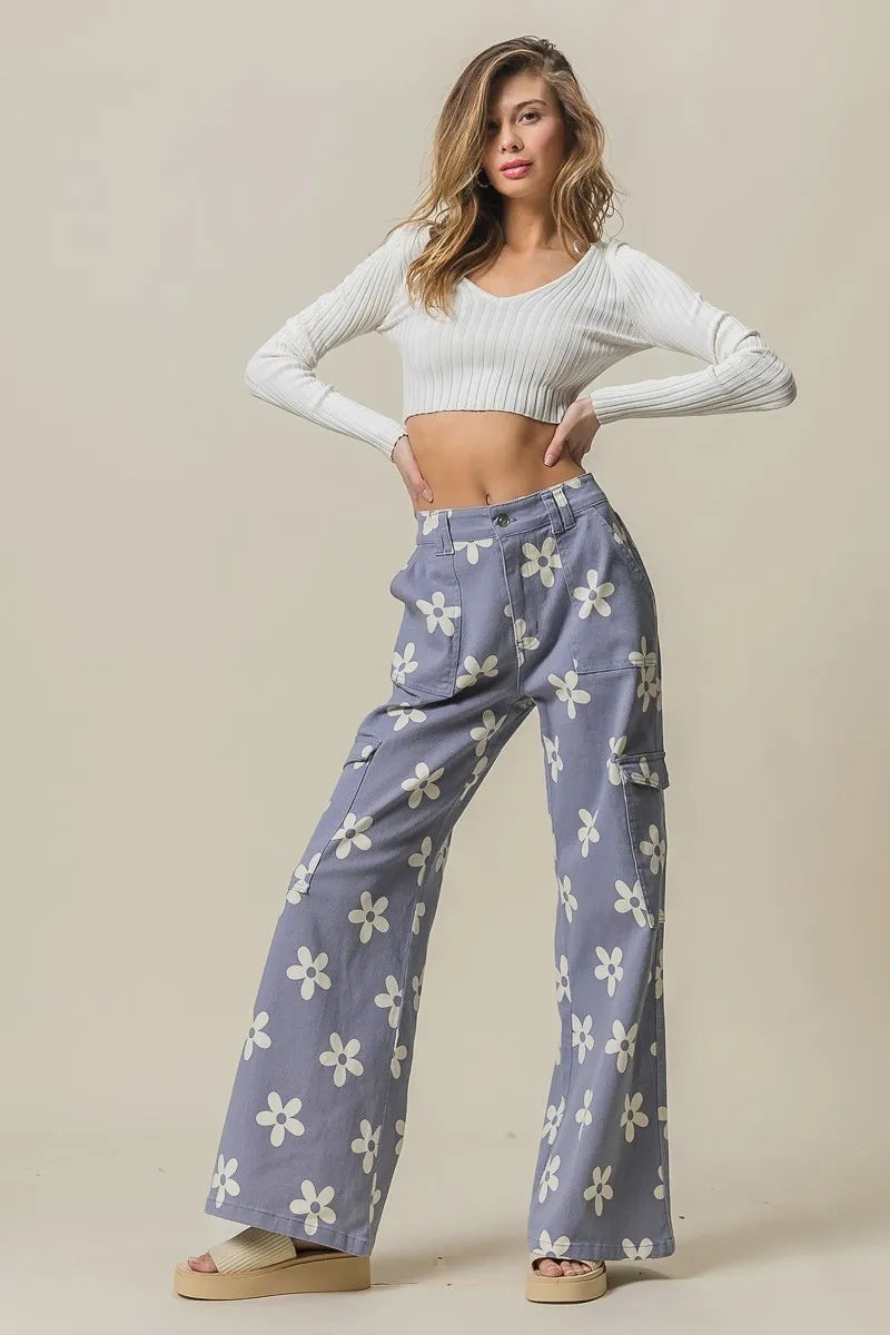 BiBi Flower Printed Side Pocket Wide Pants OutfitFlow