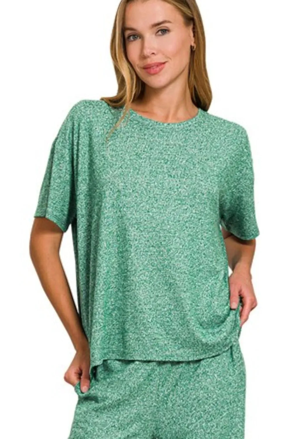 Zenana Soft Melange Short Sleeve Tee & Long Pants Set OutfitFlow