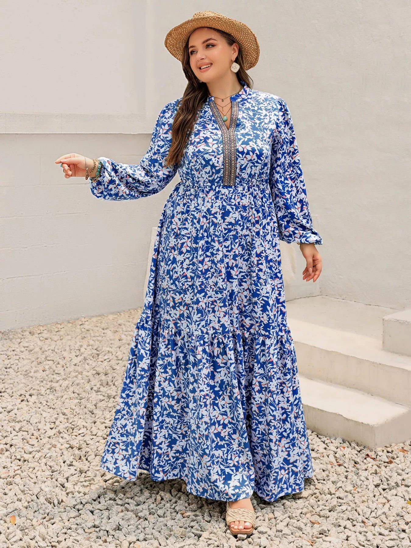 Plus Size Floral Print Bohemian Maxi Dress OutfitFlow