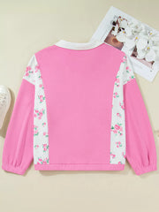 Plus Size Contrast Polo Collar Floral Patchwork Elastic Cuffs Long Sleeve Top Trendsi