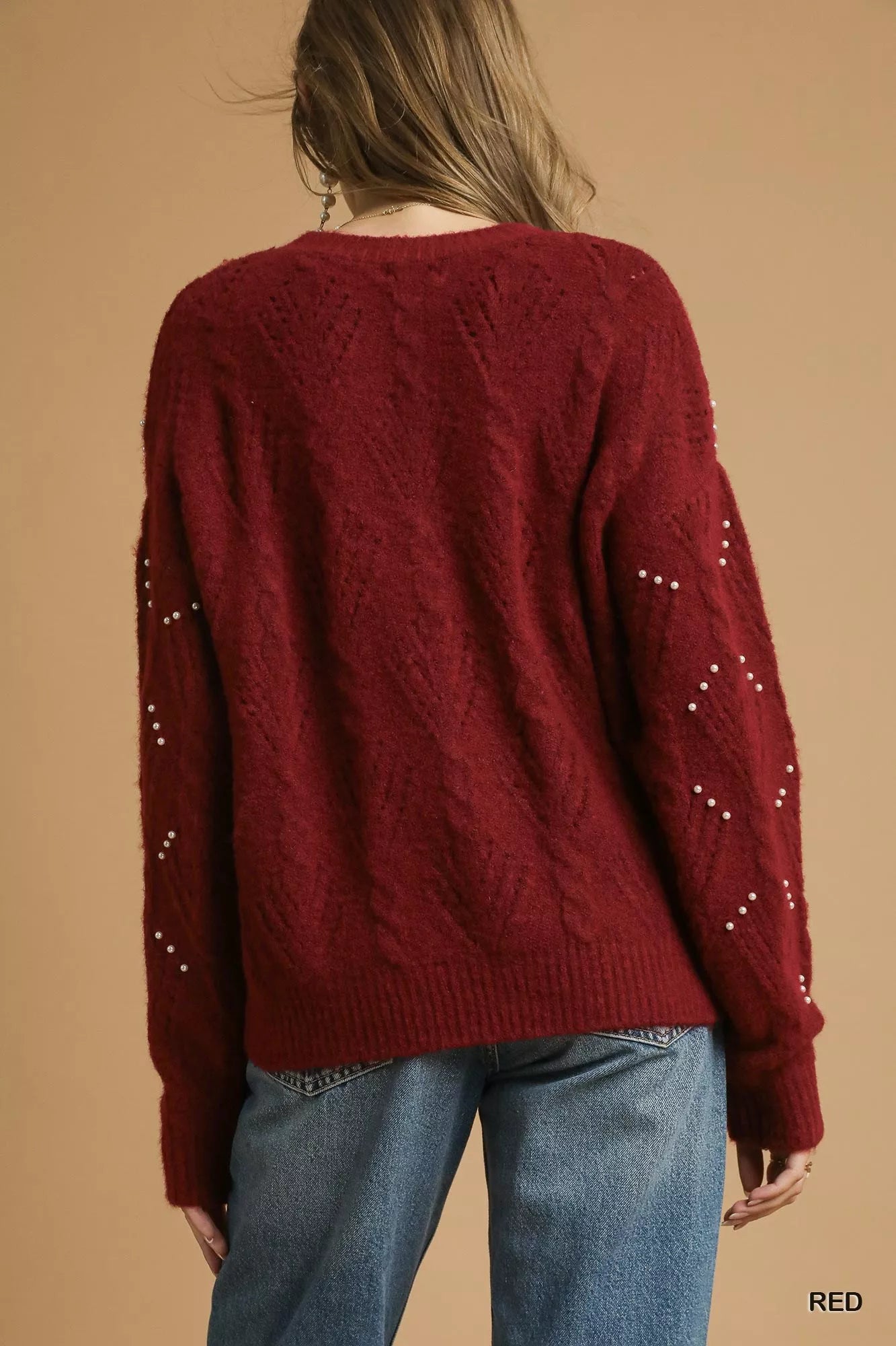 Umgee Pearl-Embellished Long Sleeve Sweater Trendsi