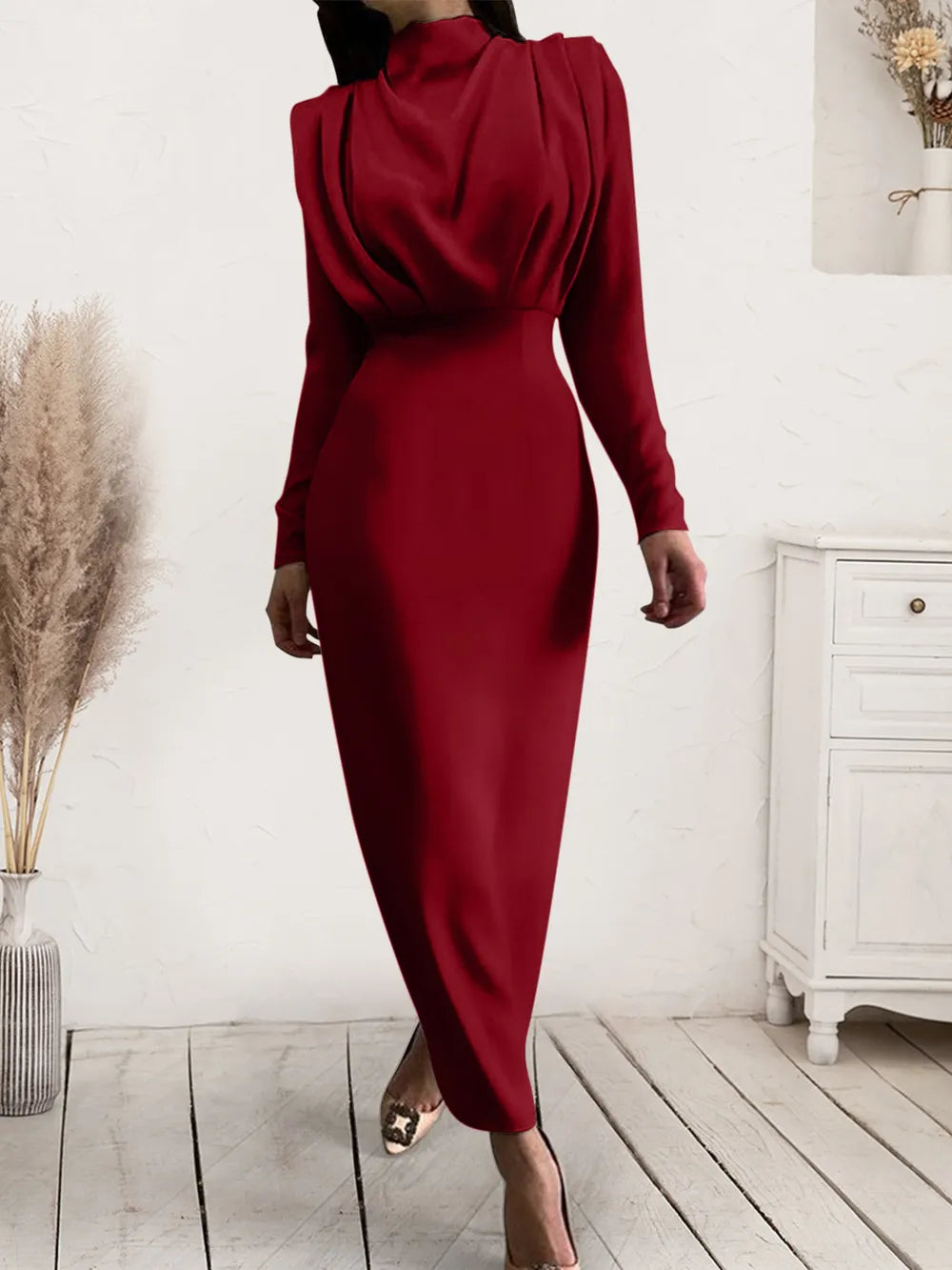 Ruched Turtleneck Long Sleeve Dress Burgundy OutfitFlow