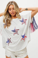 BiBi American Flag Sequin Star Fringe Top OutfitFlow