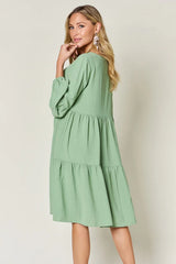 Double Take Full Size V-Neck Balloon Sleeve Tiered Dress with Pockets OutfitFlow