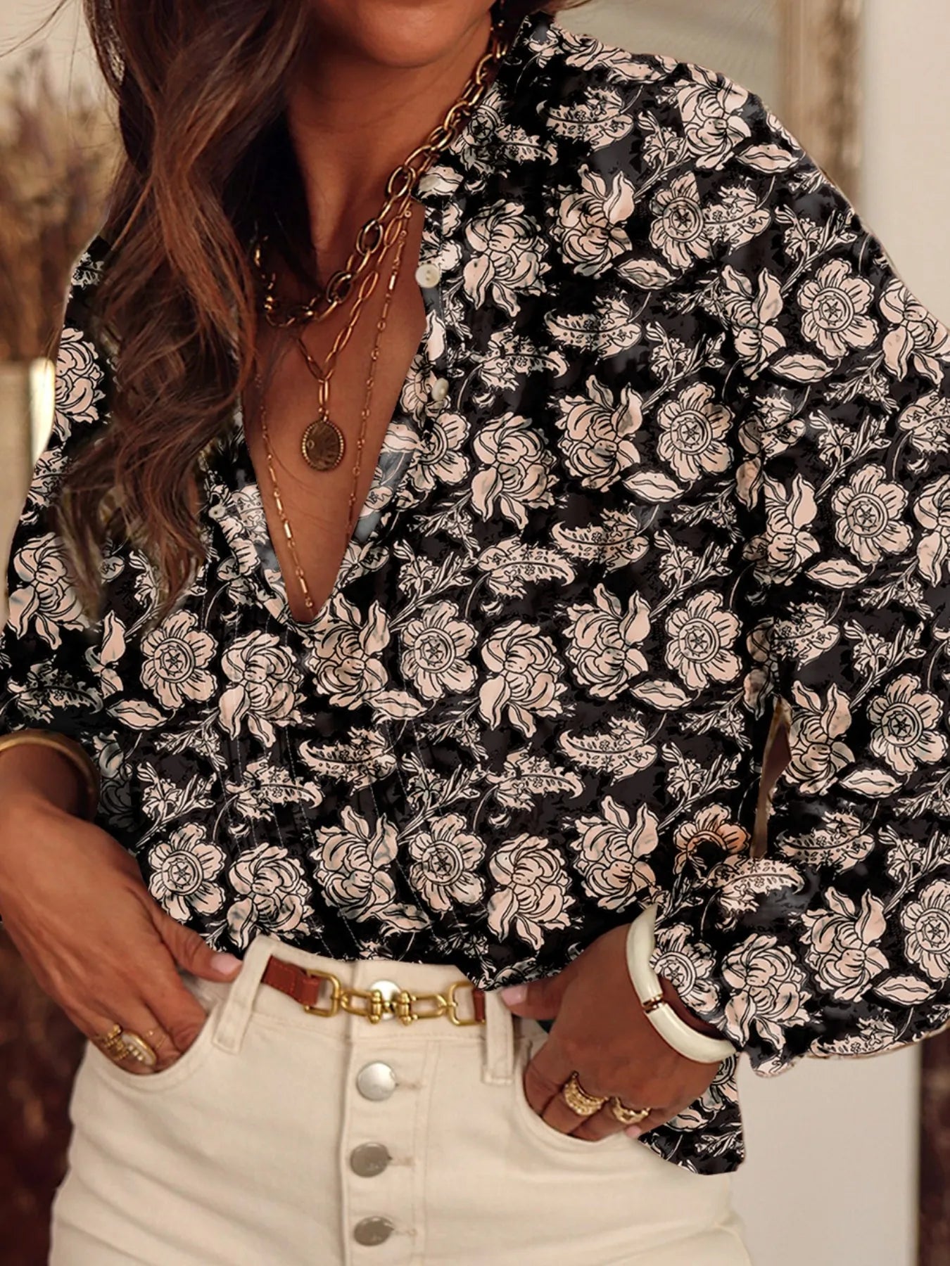 Floral Print Split Neck Pleated Long Sleeve Blouse OutfitFlow