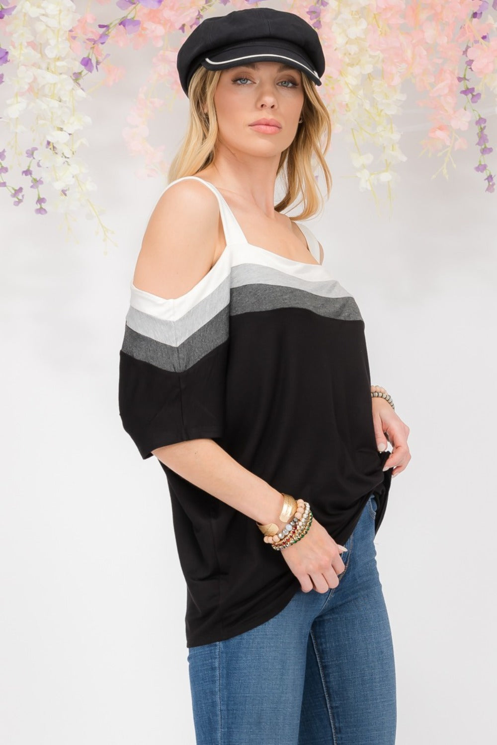 Celeste Full Size Striped Cold Shoulder Top