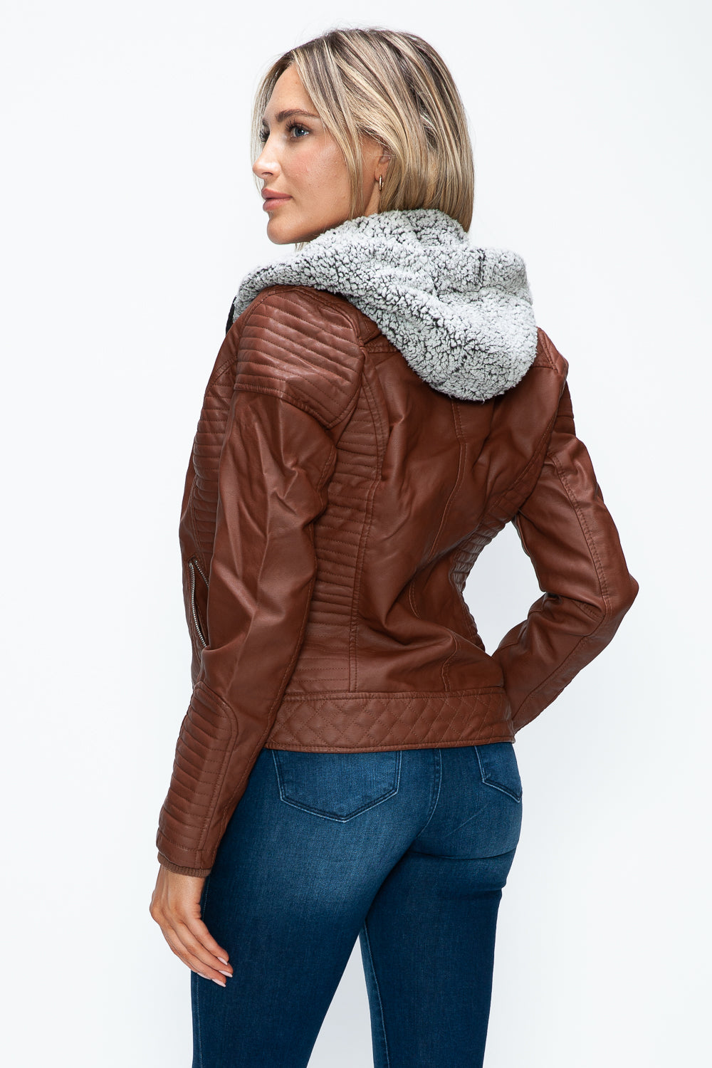 Outfit Flow - YMI Faux Layered Double-Zipper Jacket with Fuzzy Hood