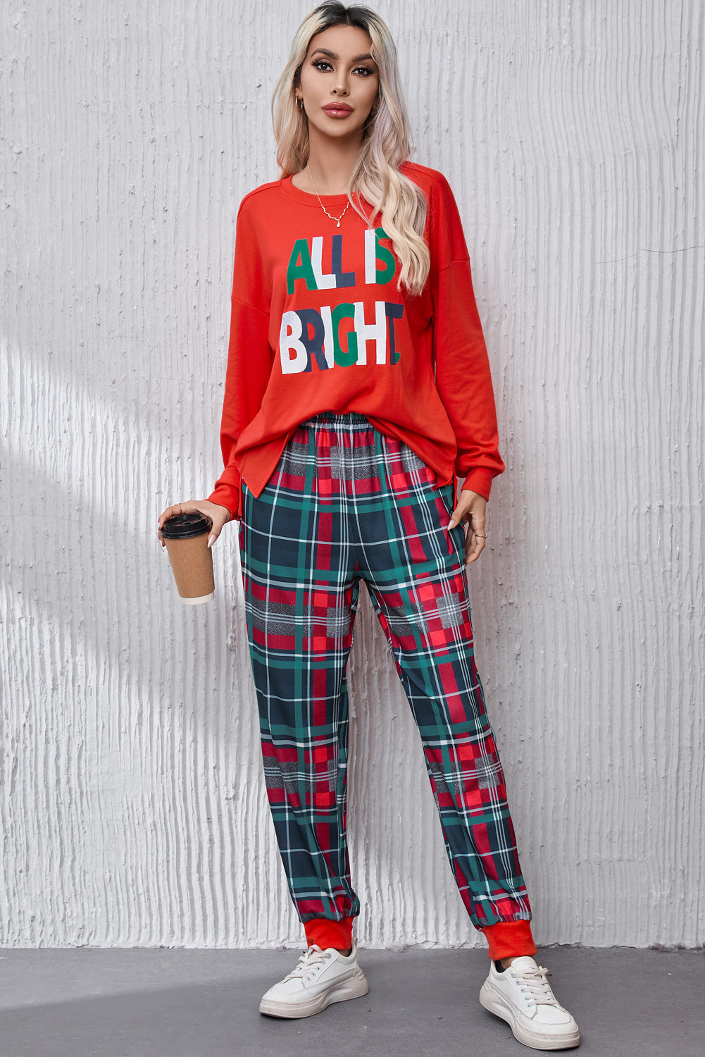 Outfit Flow - ALL IS BRIGHT Round Neck Top and Plaid Pants Lounge Set