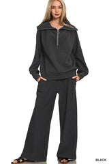 Zenana Ribbed High Neck Half Zip Pullover & Pants Set OutfitFlow