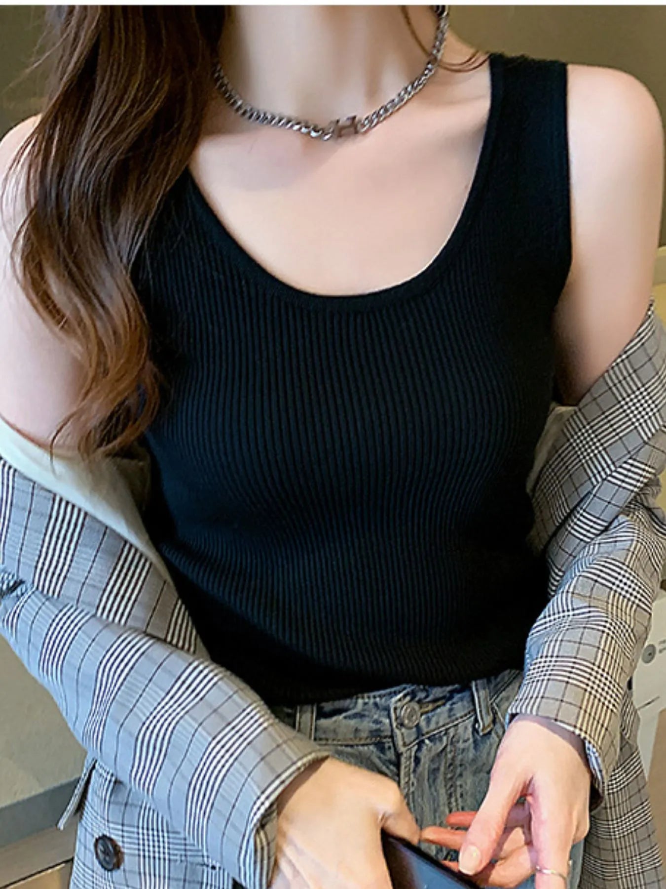 Plus Size Ribbed Scoop Neck Tank Black OutfitFlow