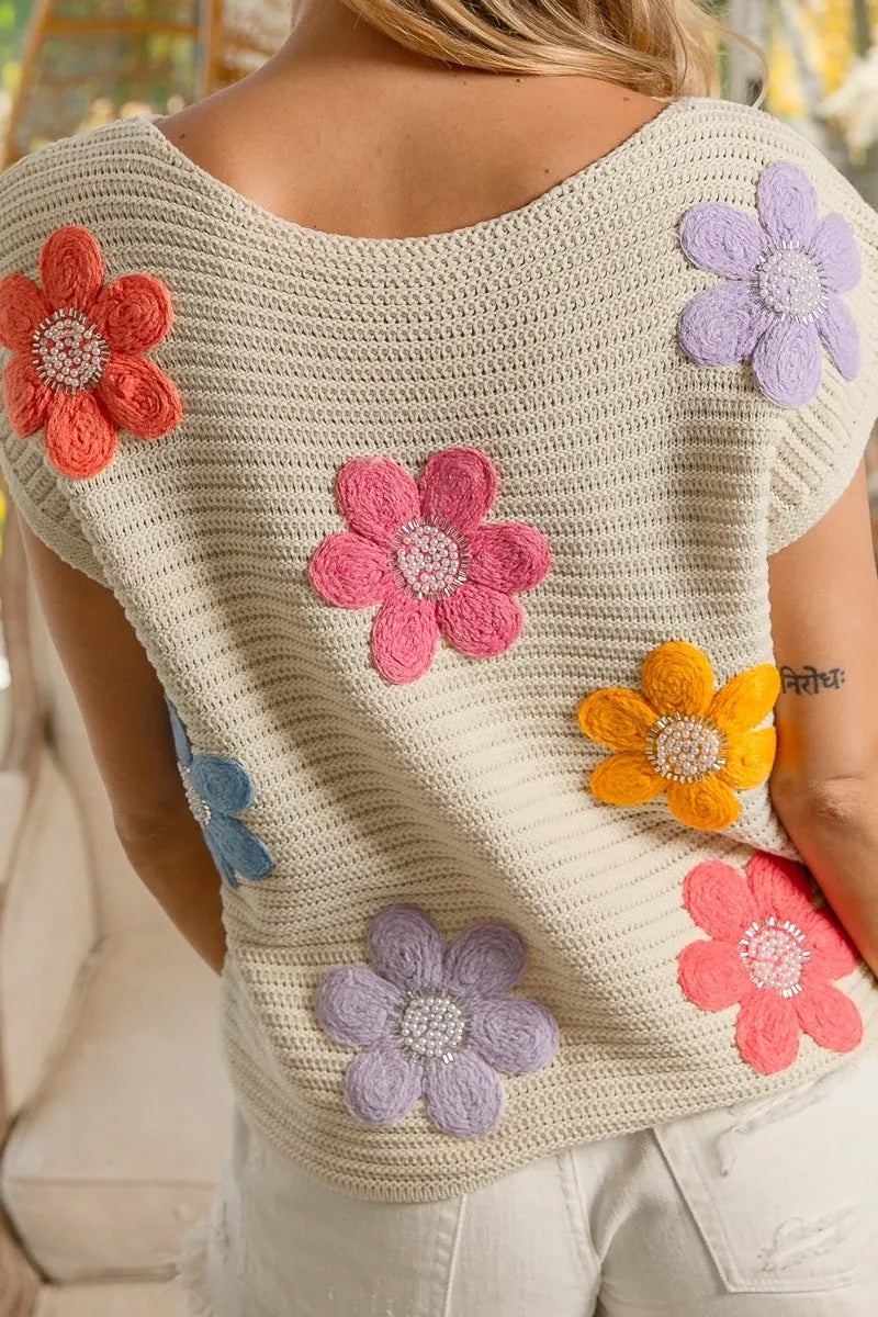 BiBi Multi Jeweled Crochet Flower Patch Sweater Vest OutfitFlow