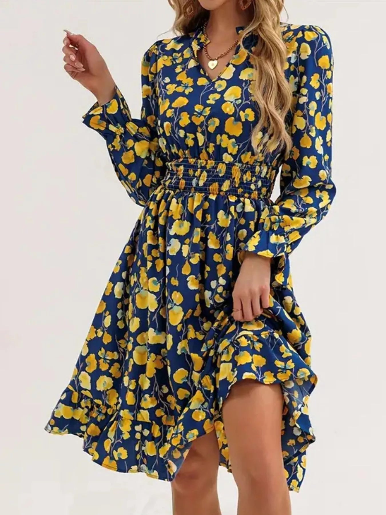 Floral Notched Flounce Sleeve Dress OutfitFlow