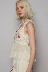 POL Embroidered Detail V-Neck Eyelet Peplum Tank OutfitFlow