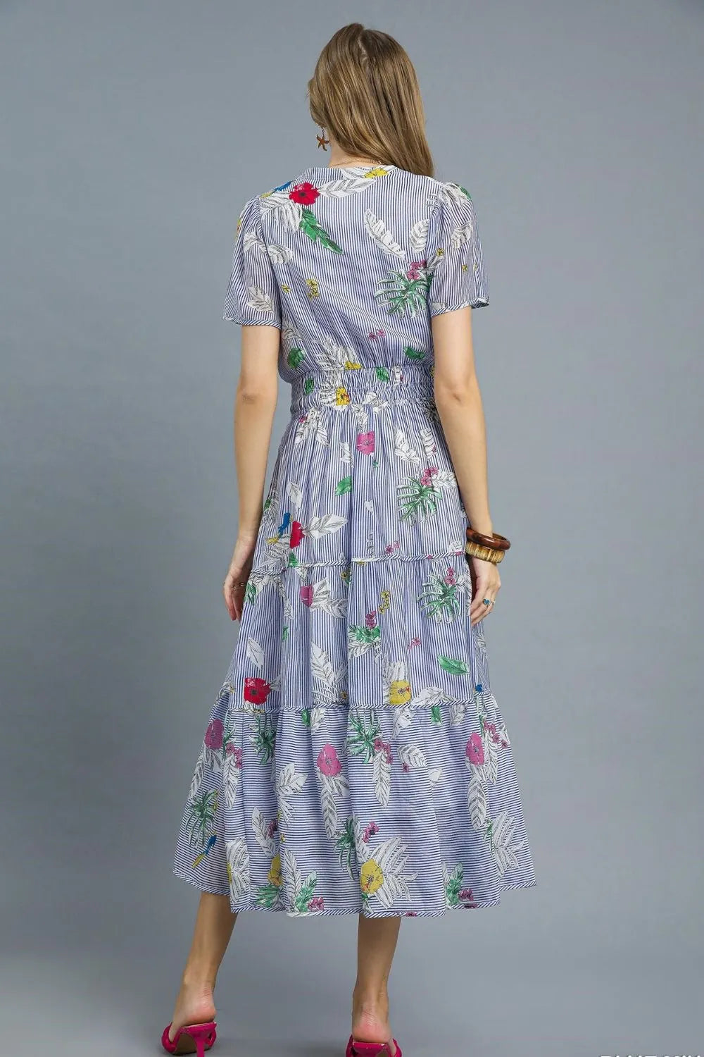 Umgee Smocked Waist Floral Short Sleeve Midi Dress OutfitFlow