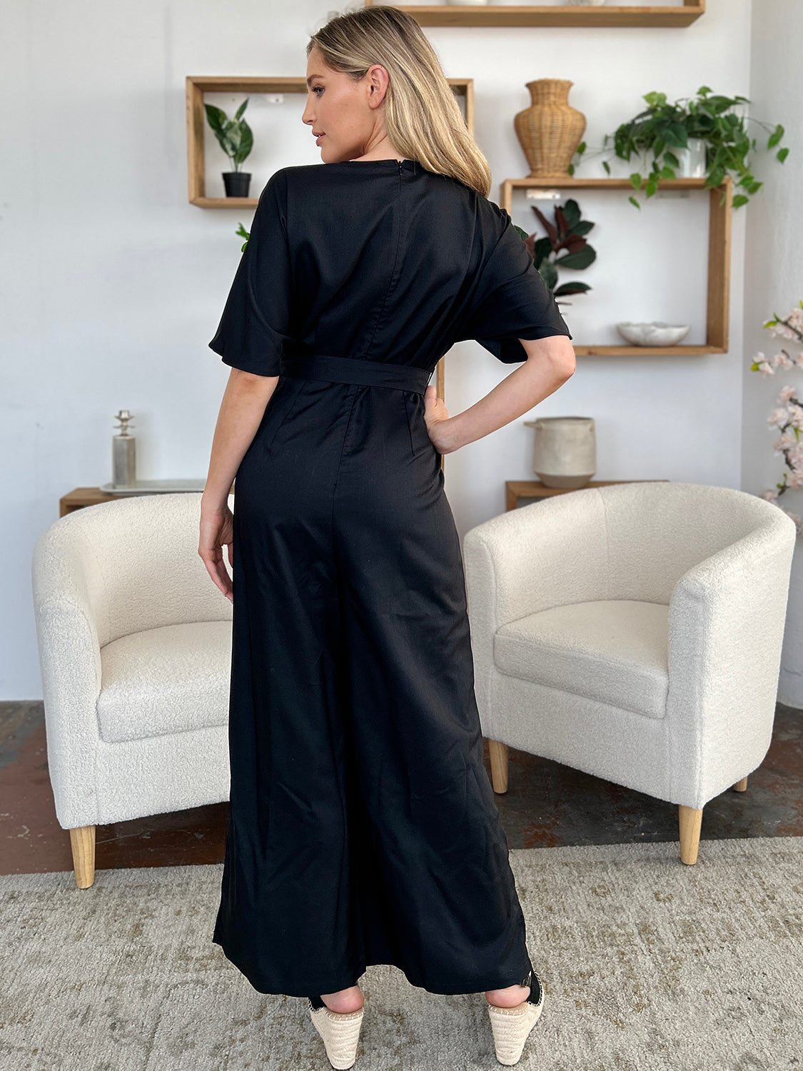 Outfit Flow - Double Take Full Size V-Neck Tied Side Slit Jumpsuit