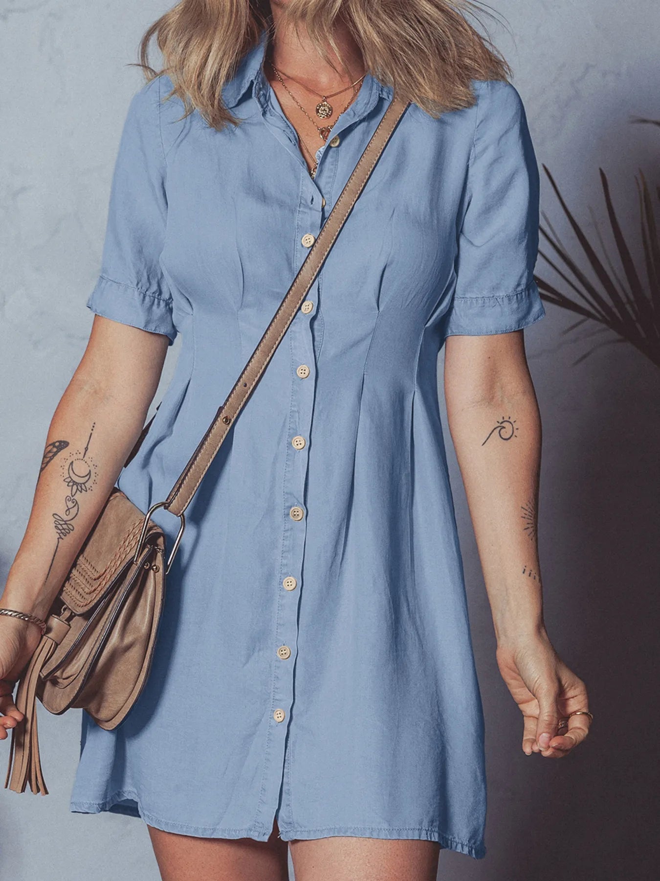 Denim Pleated Slim Waist Short Sleeve Shirt Dress OutfitFlow