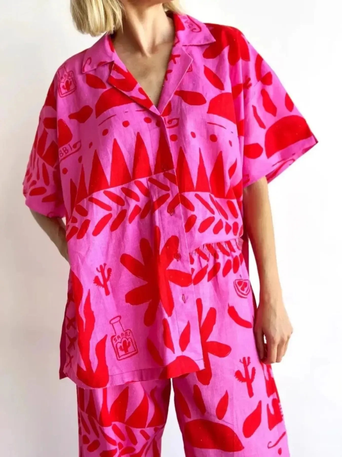 Printed Button Up Shirt and Pants Set OutfitFlow